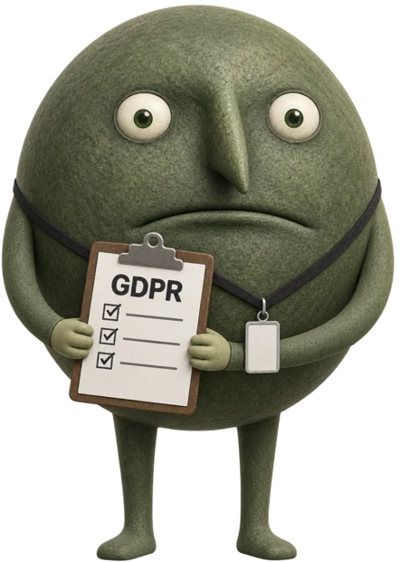 Puck holding a clipboard labelled GDPR, three boxes ticked, wearing a blank lanyard badge