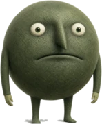 Puck, a round moss-green creature with a long nose and no expression